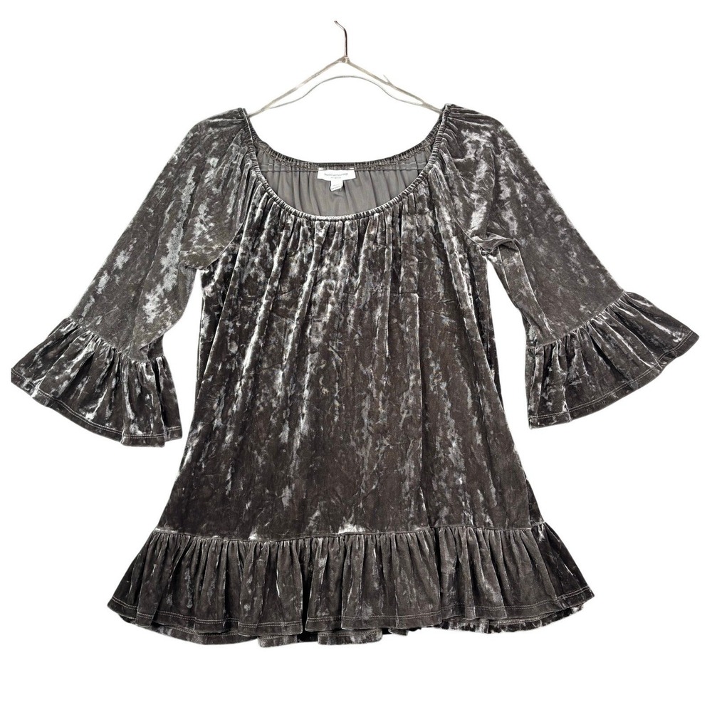 Beachlunchlounge‎ Velvet Ruffle Sleeve Tunic Top Brown Gray Size S/P